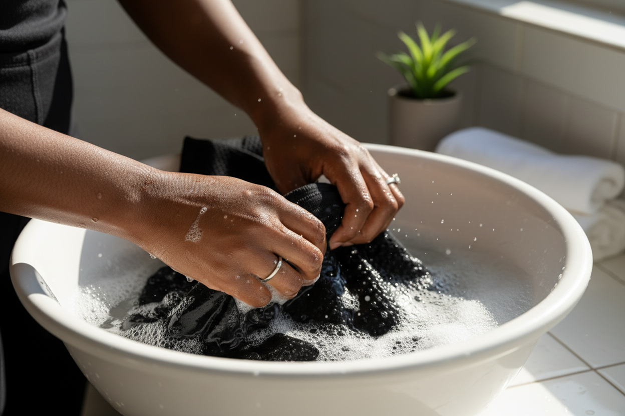 An african american womens hands washing a waist trainer in a basin